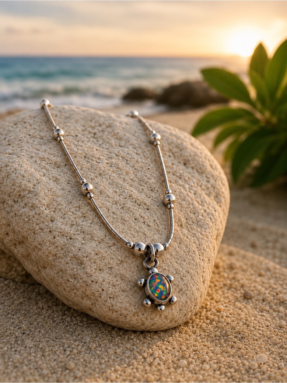 .925 Sterling Silver Fire Opal Sea Turtle Necklace Choker 16” Beaded Chain
